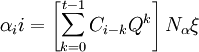 \alpha_ii=\left[\sum^{t-1}_{k=0}C_{i-k}Q^k\right]N_{\alpha} \xi